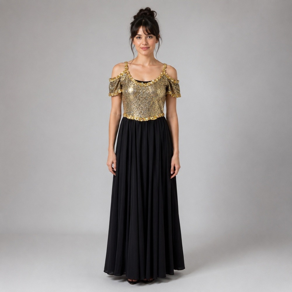 Vintage Algy Gold Sequin Bodice Black Maxi Dance Costume Dress Small Made in USA